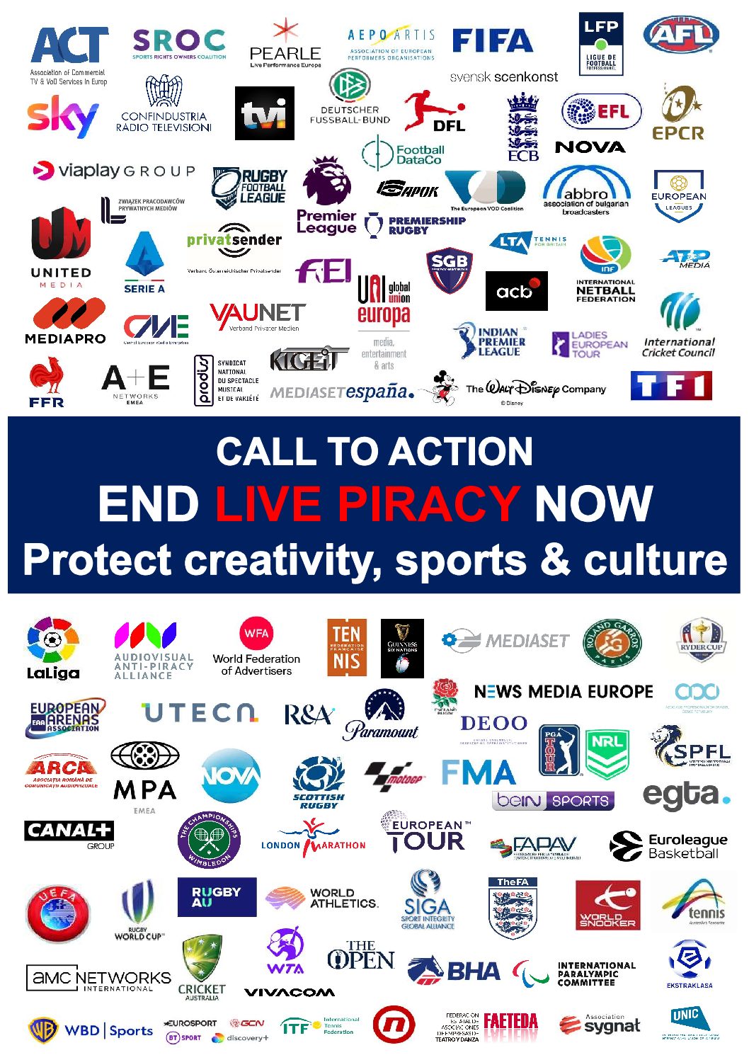 CALL TO ACTION - END LIVE PIRACY NOW     112 organisations across Europe call the European Commission to protect creativity, sports & culture