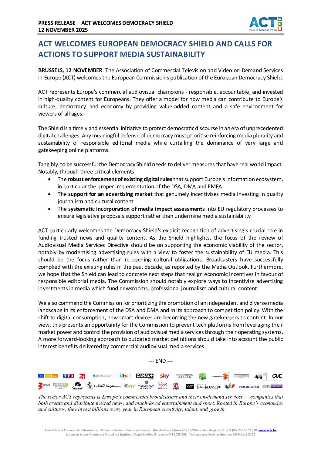 ACT welcomes European Democracy Shield and calls for actions to support media sustainability