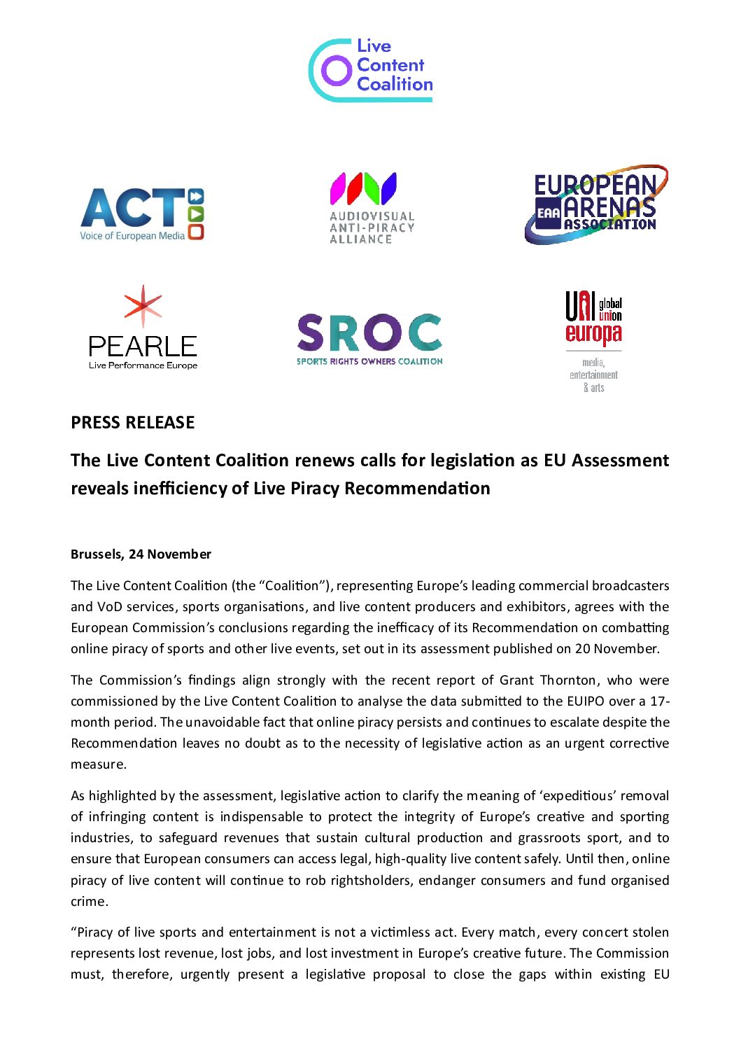 The Live Content Coalition renews calls for legislation as EU Assessment reveals inefficiency of Live Piracy Recommendation